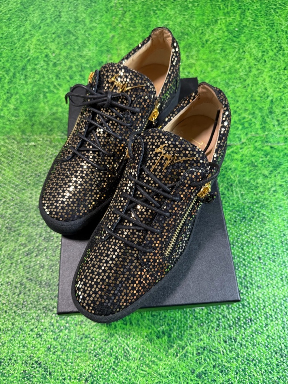 GIUSEPPE ZANOTTI Men Shadout Oro Nero Sequin-Textile Zip Sneakers Size 9.5 EU 43